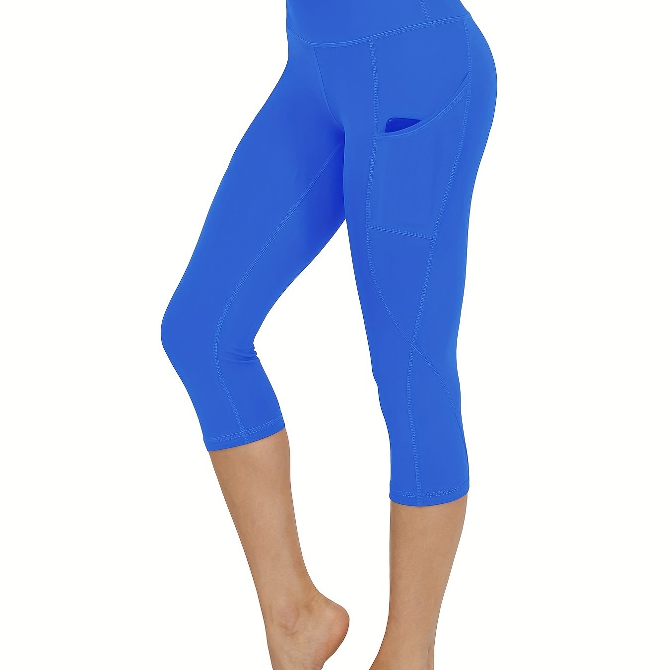IMIDO Women's Yoga Capri Pants Sport Tights Workout Running Mesh Leggings  with Side Pocket (L, Capri Pants Blue)