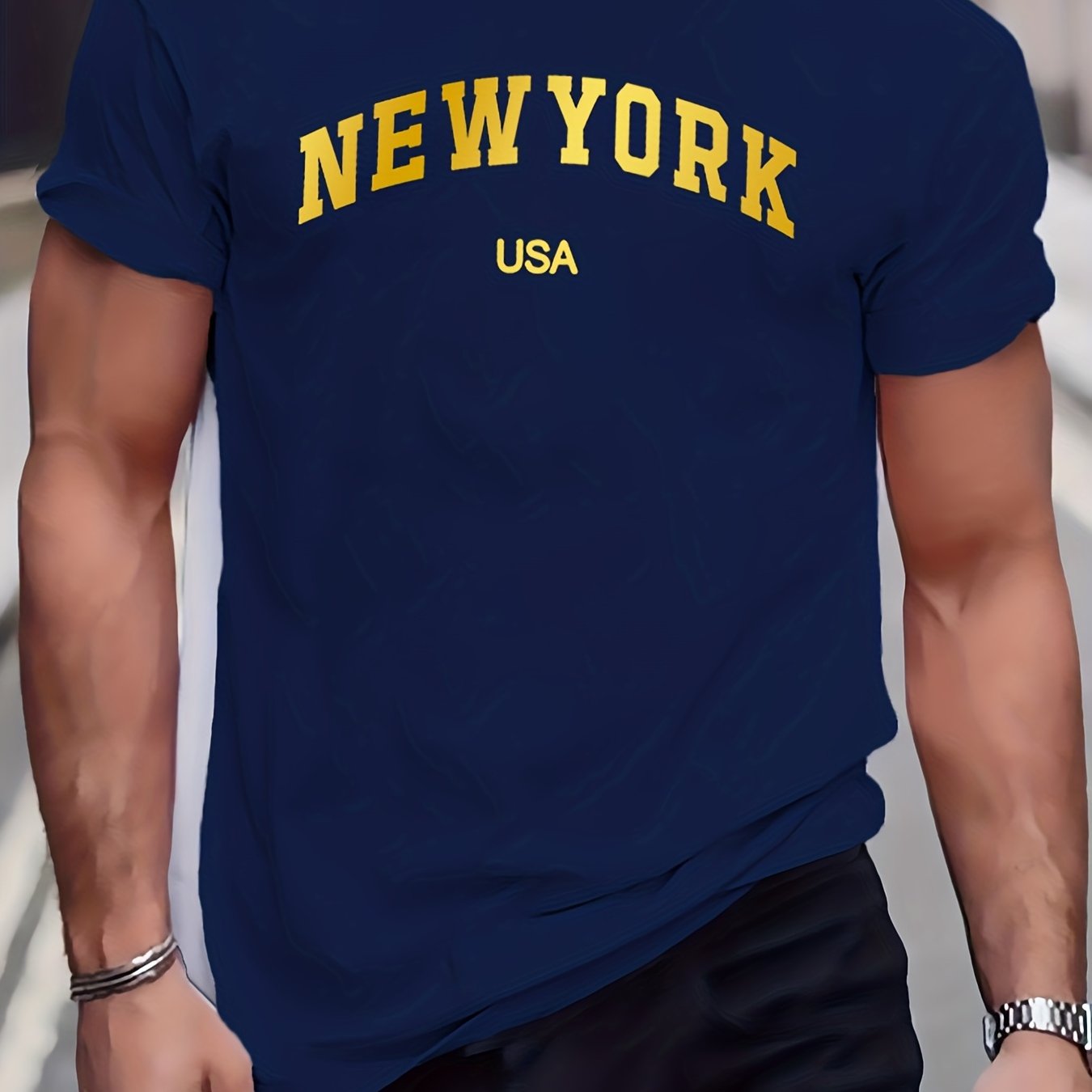 TEMU Fashionable New Style Gilded Letter Printed Men's Oversized Summer Casual Elastic Short Sleeved Round Neck T-shirt, Plus Size