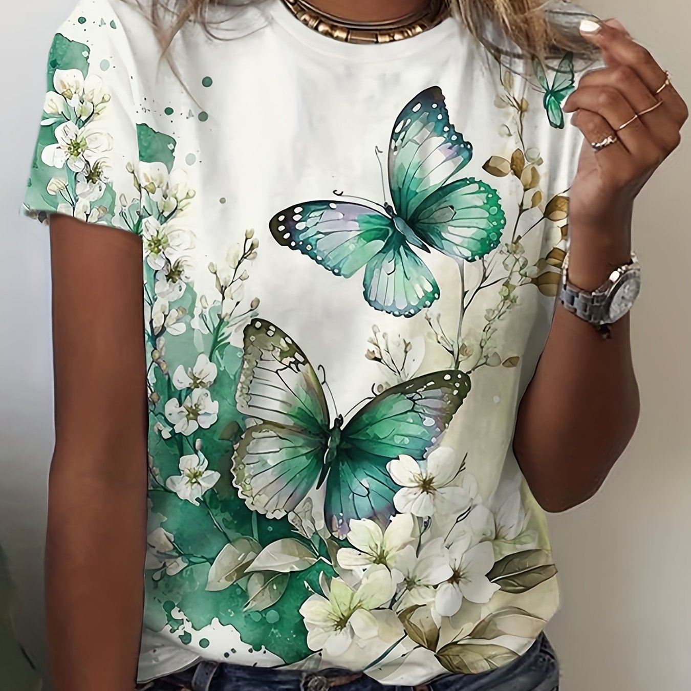 TEMU Butterfly & Flower Print Crew Neck T-shirt, Casual Short Sleeve Top For Spring & Summer, Women's Clothing