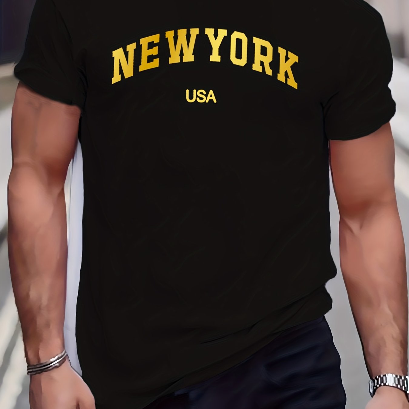 TEMU Fashionable New Style Gilded Letter Printed Men's Oversized Summer Casual Elastic Short Sleeved Round Neck T-shirt, Plus Size