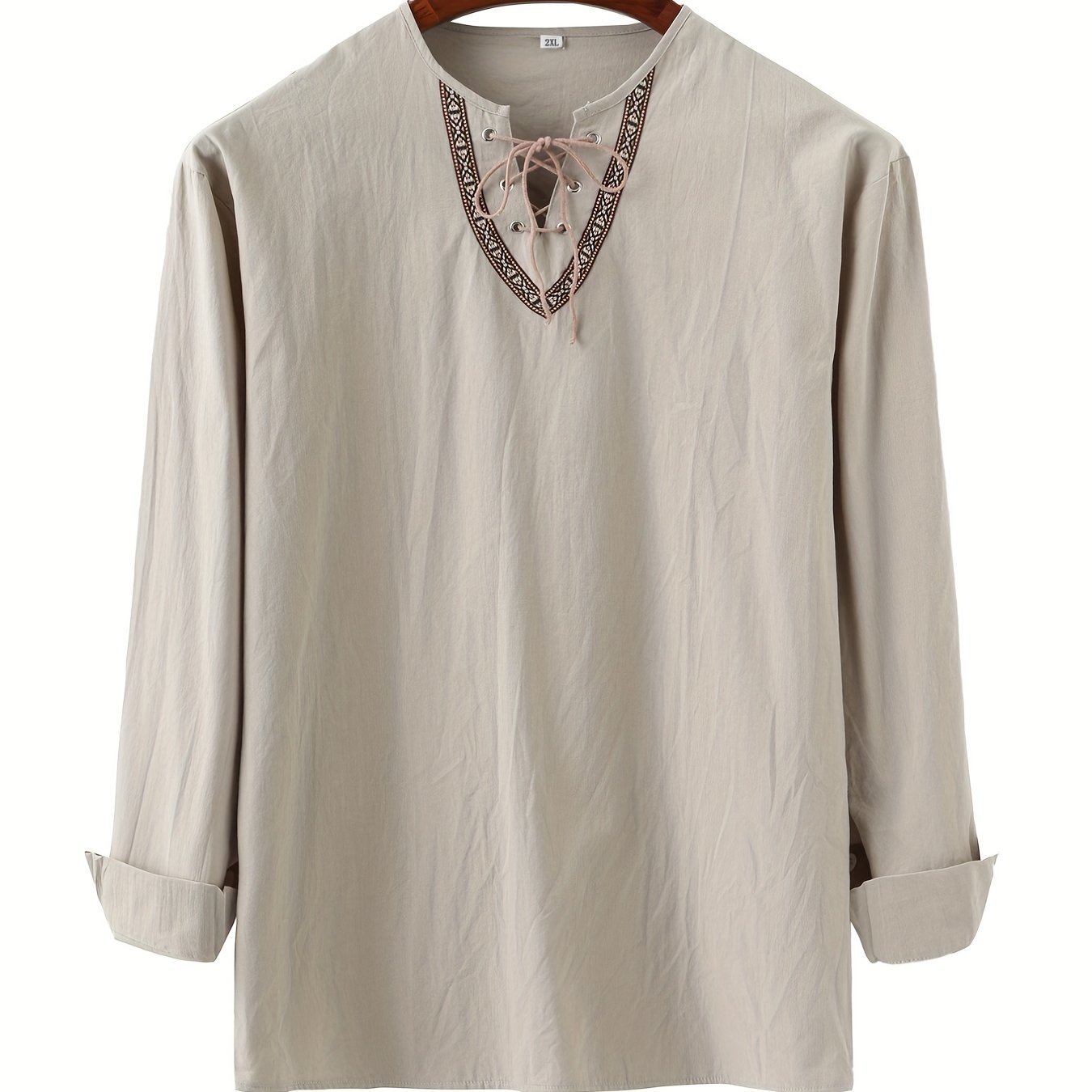 Image of Men's Vintage Casual Loose-fit Long Sleeve Shirt With V-neck & Drawstring Waist .decorative Button-like Applique Collar, H-size Relaxed -season , Semi-formal To Casual Attire (non-stretch Fabric)