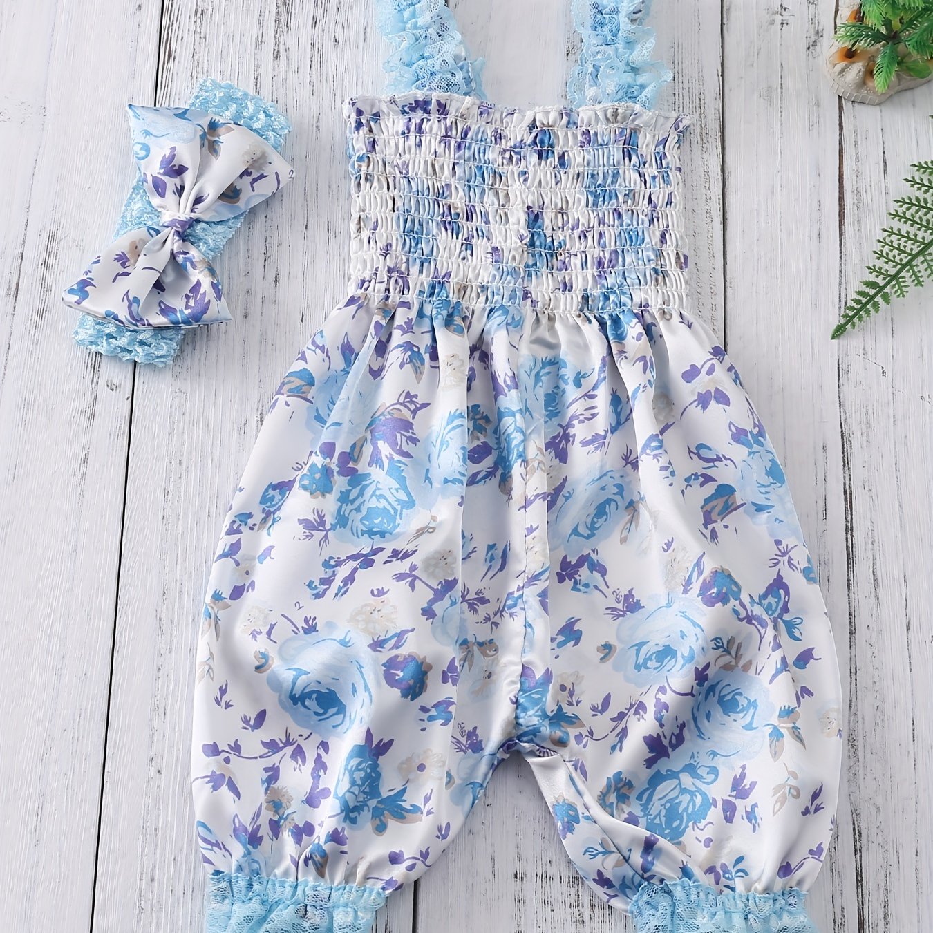 Image of Baby Girls Cute Romper Bloomers With Flower Print Lace Brim + Bow Headband Set For Summer Outdoor Wear, Coquette Style