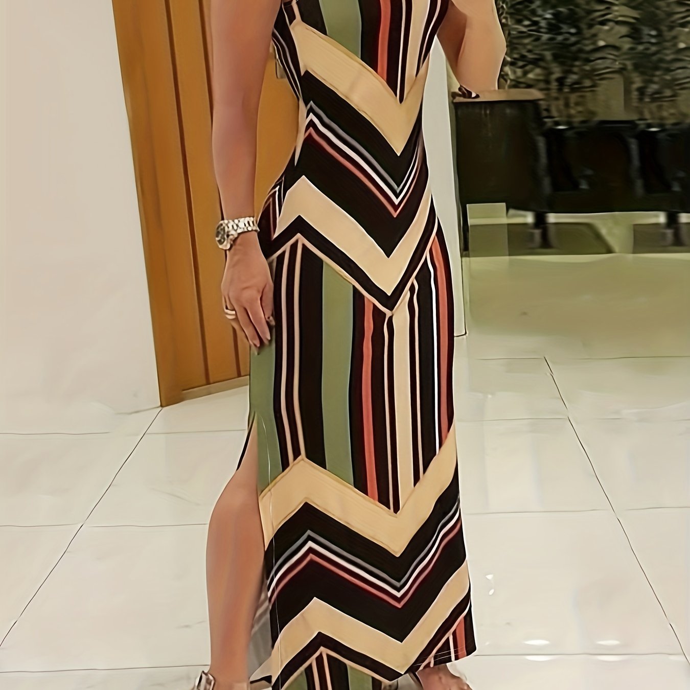 2026 Spring And Autumn Geometric Round Neck Sleeveless Split Dress