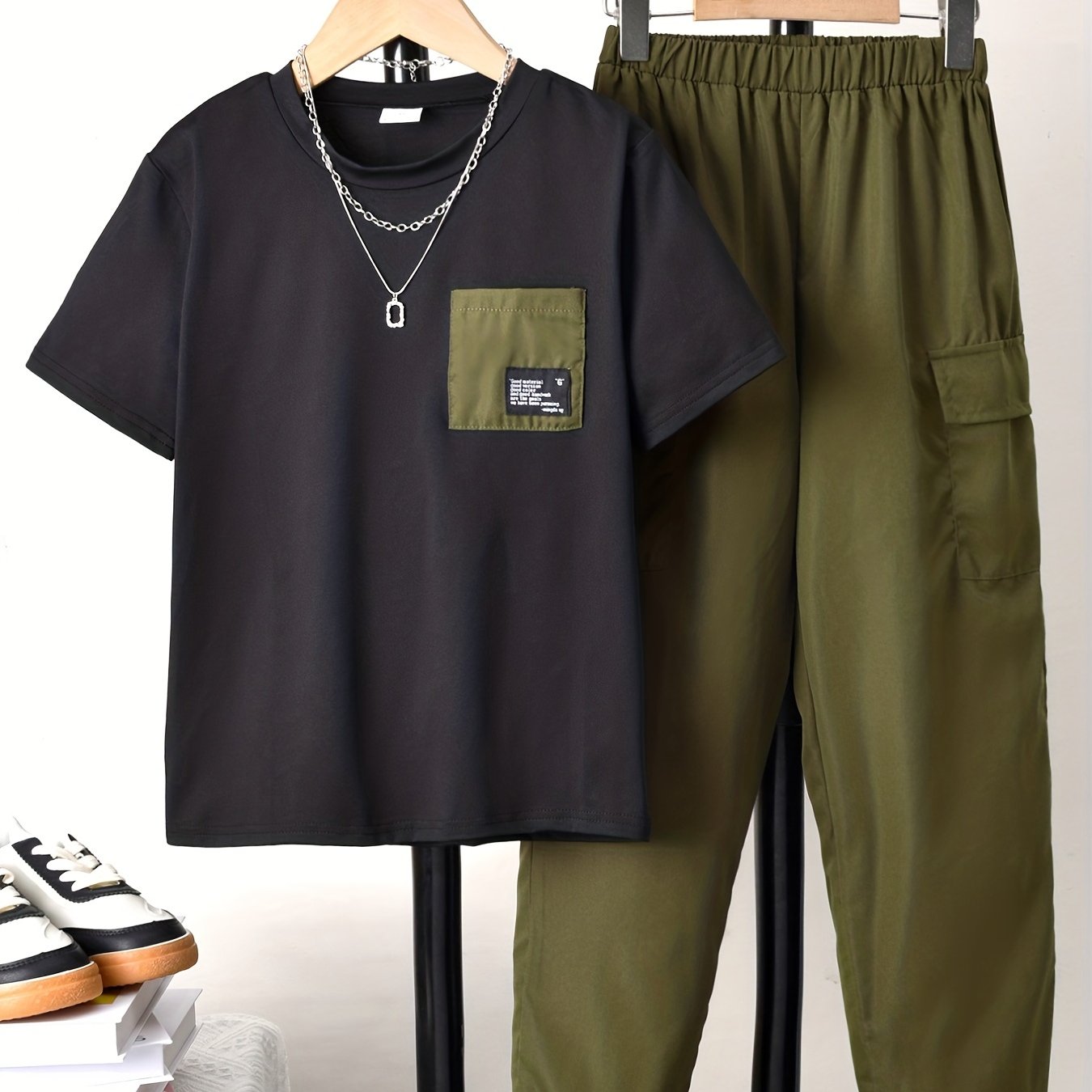 Image of Boys' Casual Short Sleeve T-shirt + Stylish Pocket Casual Long Pants Two-piece Set, Perfect For Outdoor