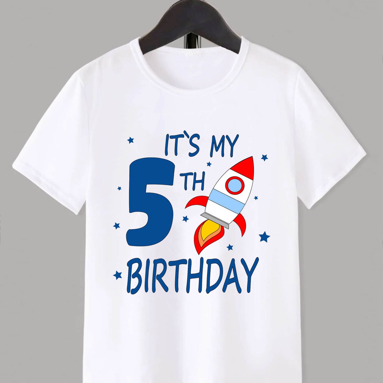 Image of 5th Boy's Birthday And Cartoon Rocket Print Boys Creative T-shirt, Casual Lightweight Comfy Short Sleeve Crew Neck Tee Tops, Kids Clothings For Summer