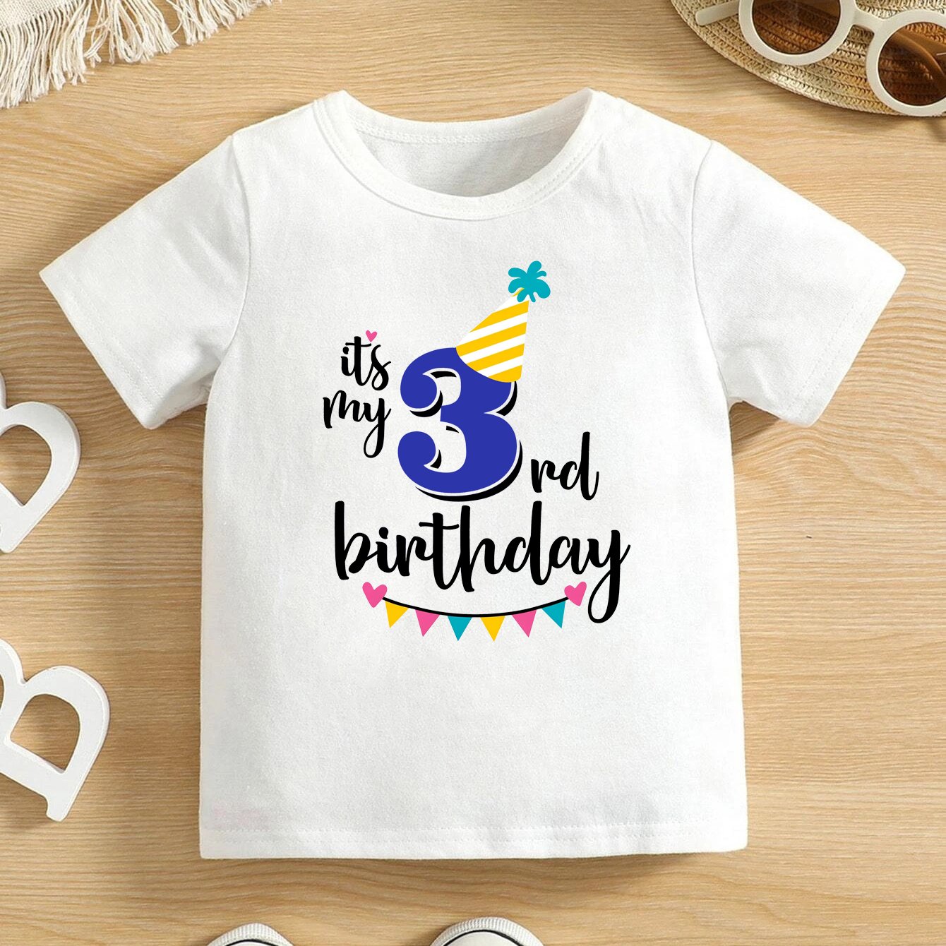 Image of 3rd Birthday Boy's T-shirt - Number With Lettering - 3 Year Old Photo Outfit - Cute Round Neck Summer Party Shirt For 3rd Birthday Party Outfits (machine Washable) - Kids Gift For Age 3 Years Old