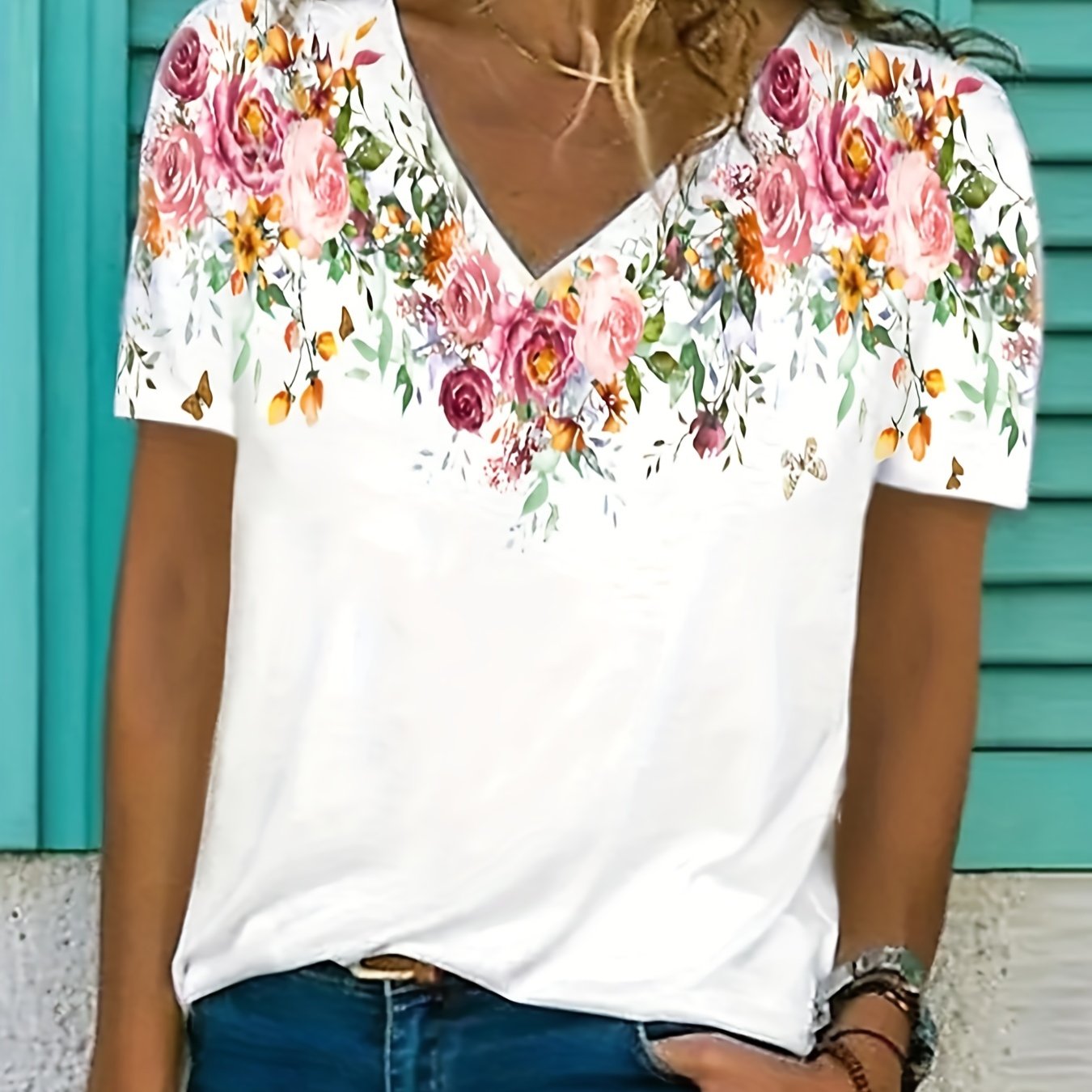 Floral Print T Shirt Casual V Neck Short Sleeve Summer T Shirt Women's ...