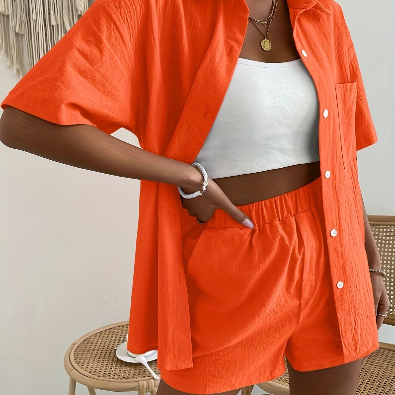 Solid Casual Two Piece Set Button Front Short Sleeve Shirt Elastic 