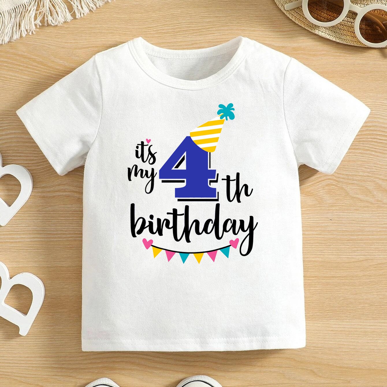 Image of Boys 4th Birthday T-shirt 4 Year Old Kids - & Age 4 Lettering With Balloon & Cake Design - Cute 4th Birthday Party Outfit, Round Neck Summer Boys Clothing, Machine Washable 4 Year Celebration Gift