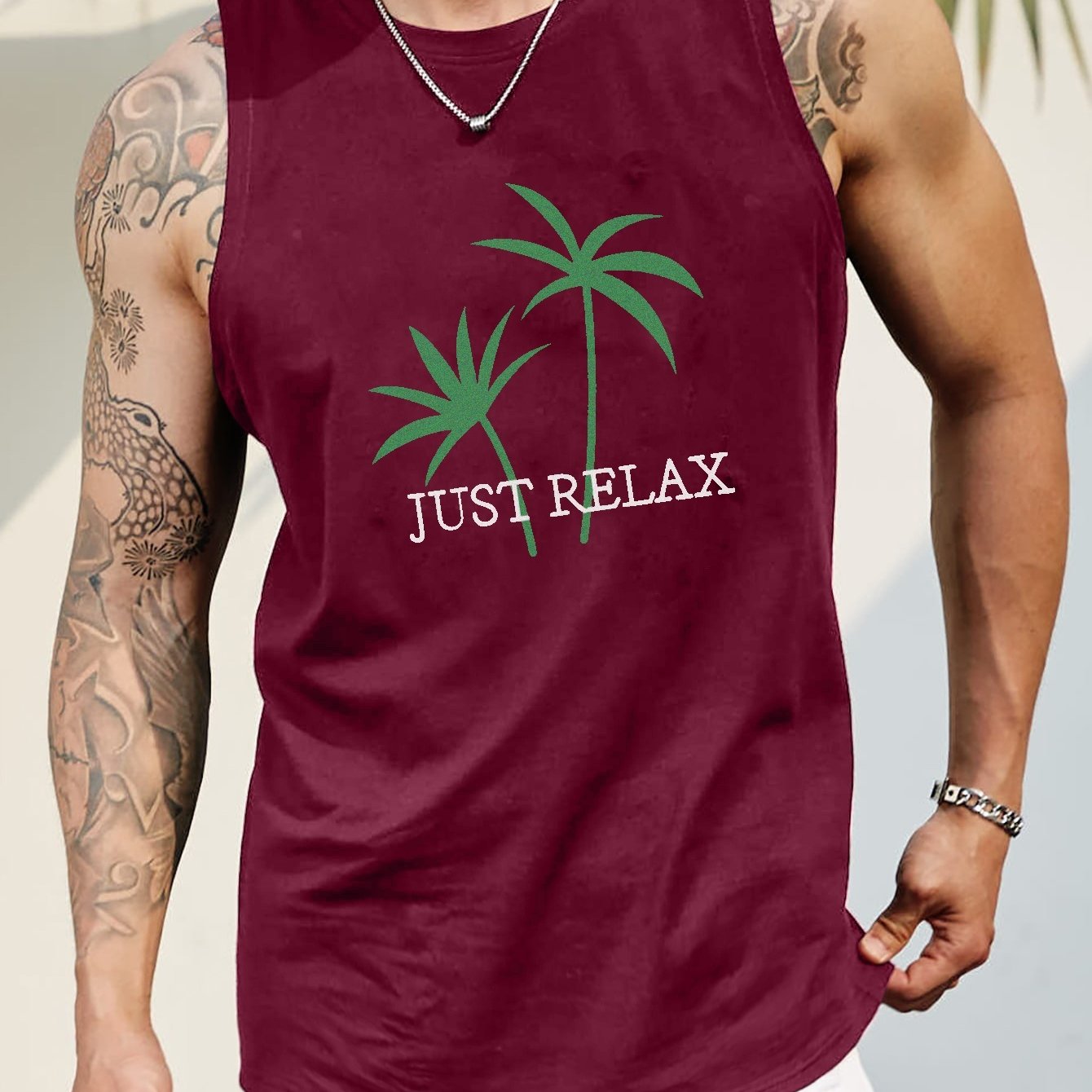 Plus Size Men s Tank Top Just Relax Letter Coconut Trees Graphic Print Plus Size Men s Tank Top Just Relax Letter Coconut Trees Graphic Print