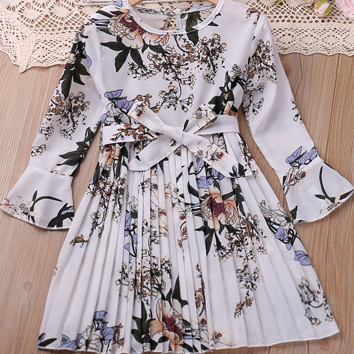 little girls boho floral flare long sleeve casual pleated dress for party going out kids spring fall clothes  