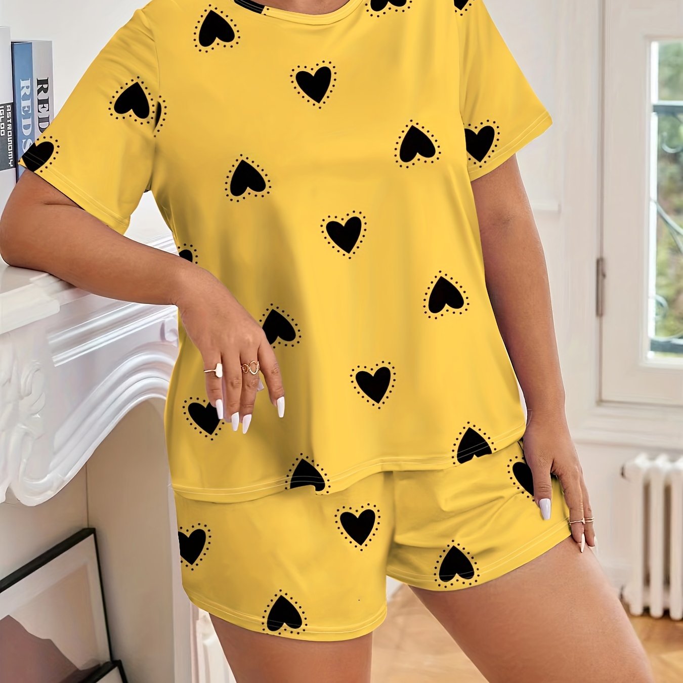 Plus Size Cute Pajamas Set Women's Plus Heart Print Short - Temu
