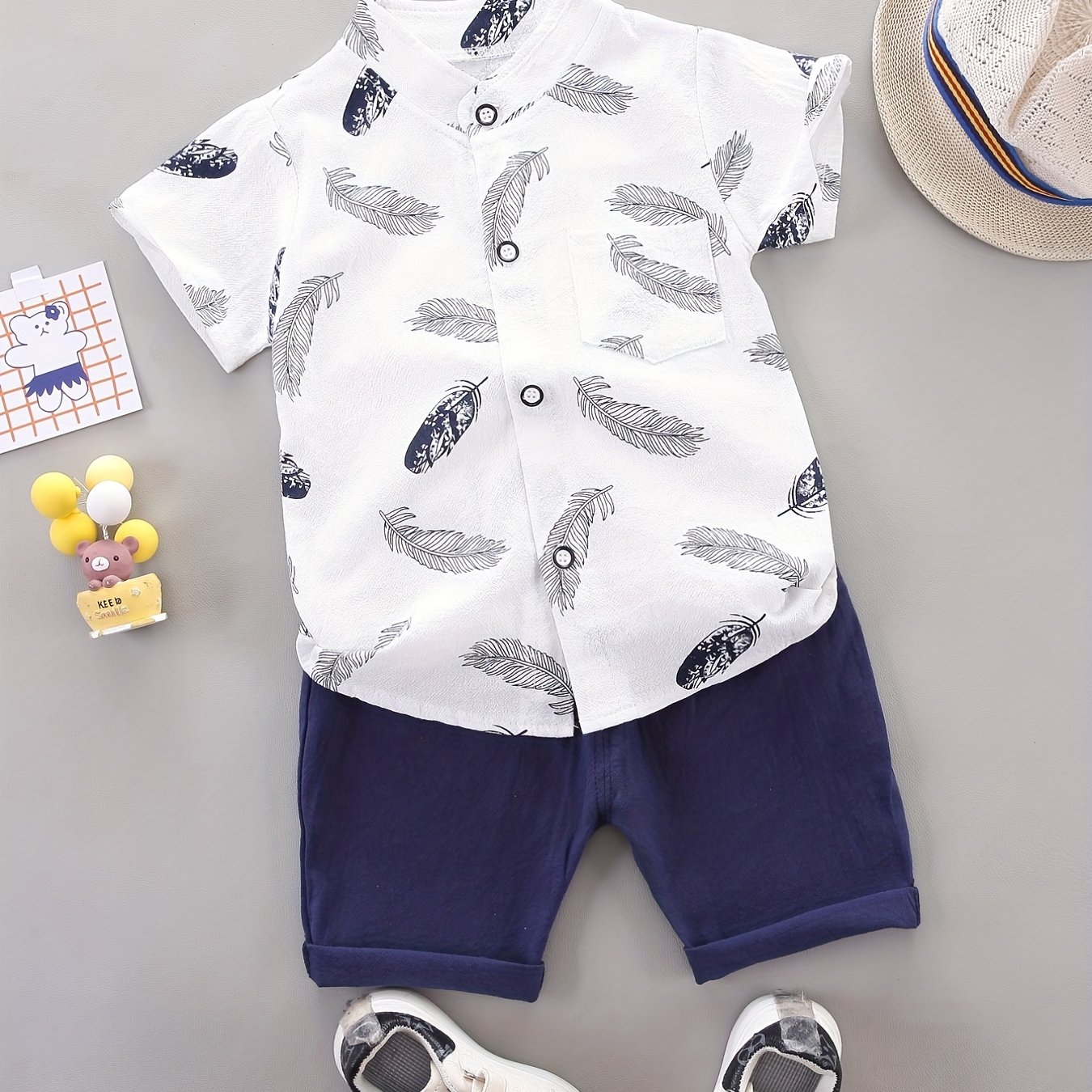 2pcs Baby Boys Casual Feather Pattern Short Sleeve Shirt And Shorts Set, For Outdoor