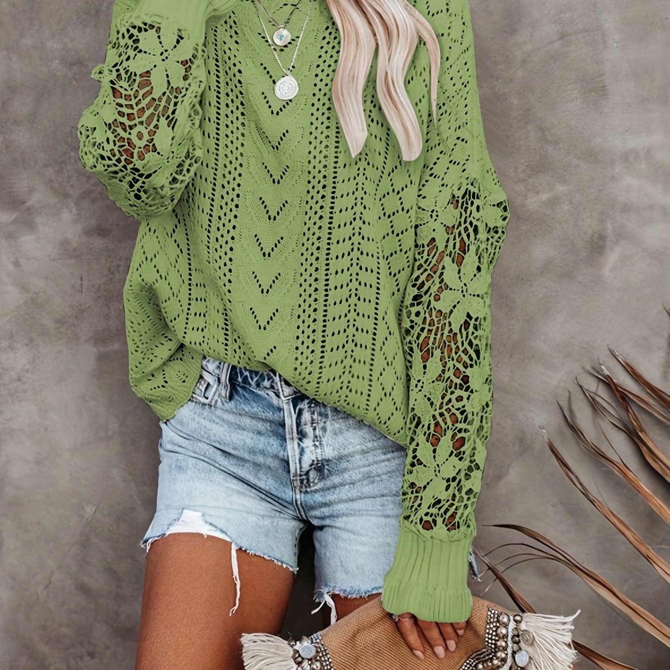 Contrast Lace Eyelet Knit Sweater Casual Crew Neck Long - Temu