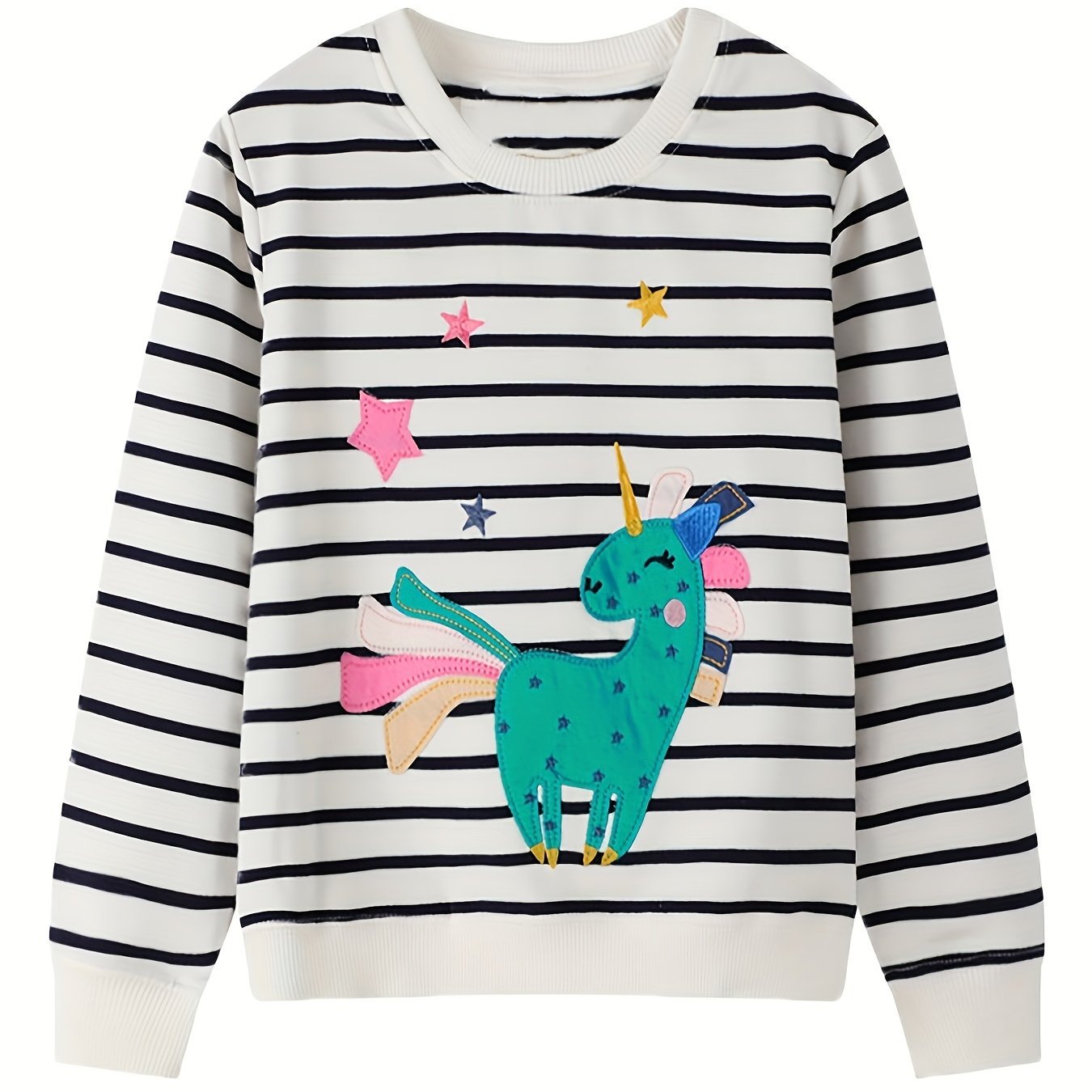 Image of Girls' Cartoon Unicorn Striped Random Crewneck Sweatshirt, Casual Comfortable Basic Fashion Sweatshirt For Autumn And Winter