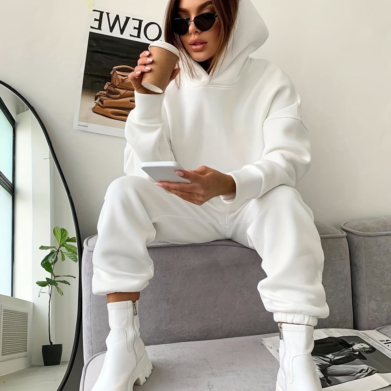 TEMU Women's Autumn/winter New Hooded Sweatshirt Solid Color Set