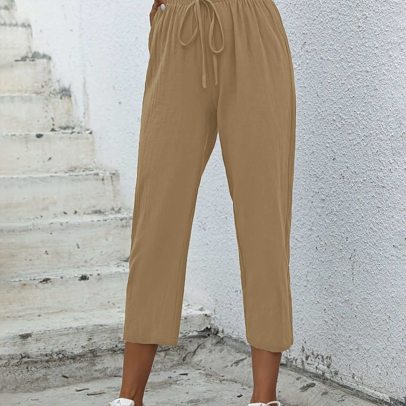 Solid Cropped Carrot Pants, Casual Drawstring High Waist Pants, Women's  Clothing - Temu Bahrain