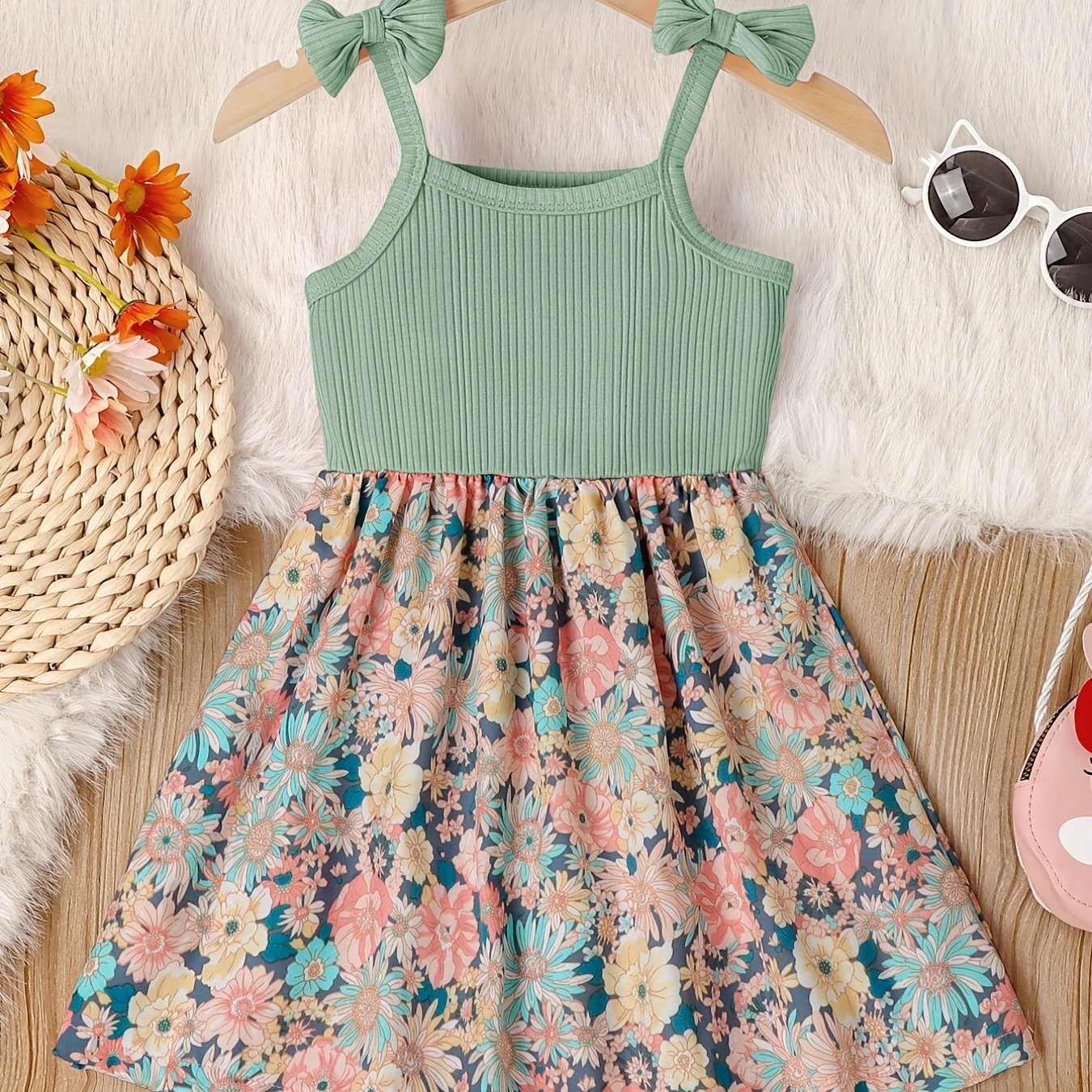 Image of Girls' Bow Shoulder Floral Pattern Camisole Dress For Parties, Children's Summer Clothing