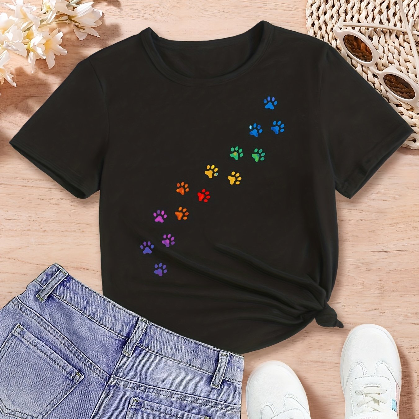 Girls' Summer Fashion Short-sleeve T-shirt With A Cat Paw Print, Versatile Casual Top