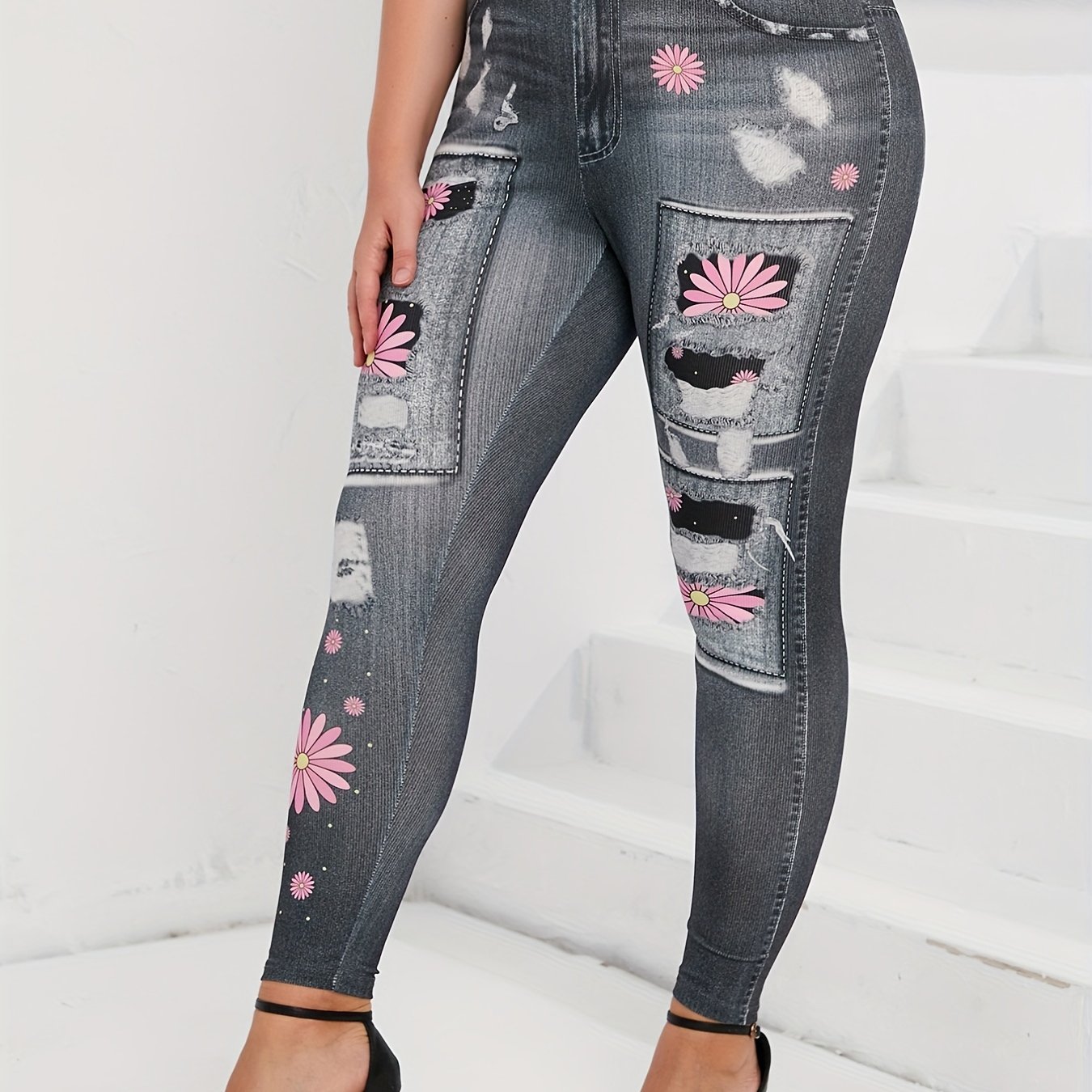 Plus Size Casual Leggings Women's Plus Floral Denim Print - Temu