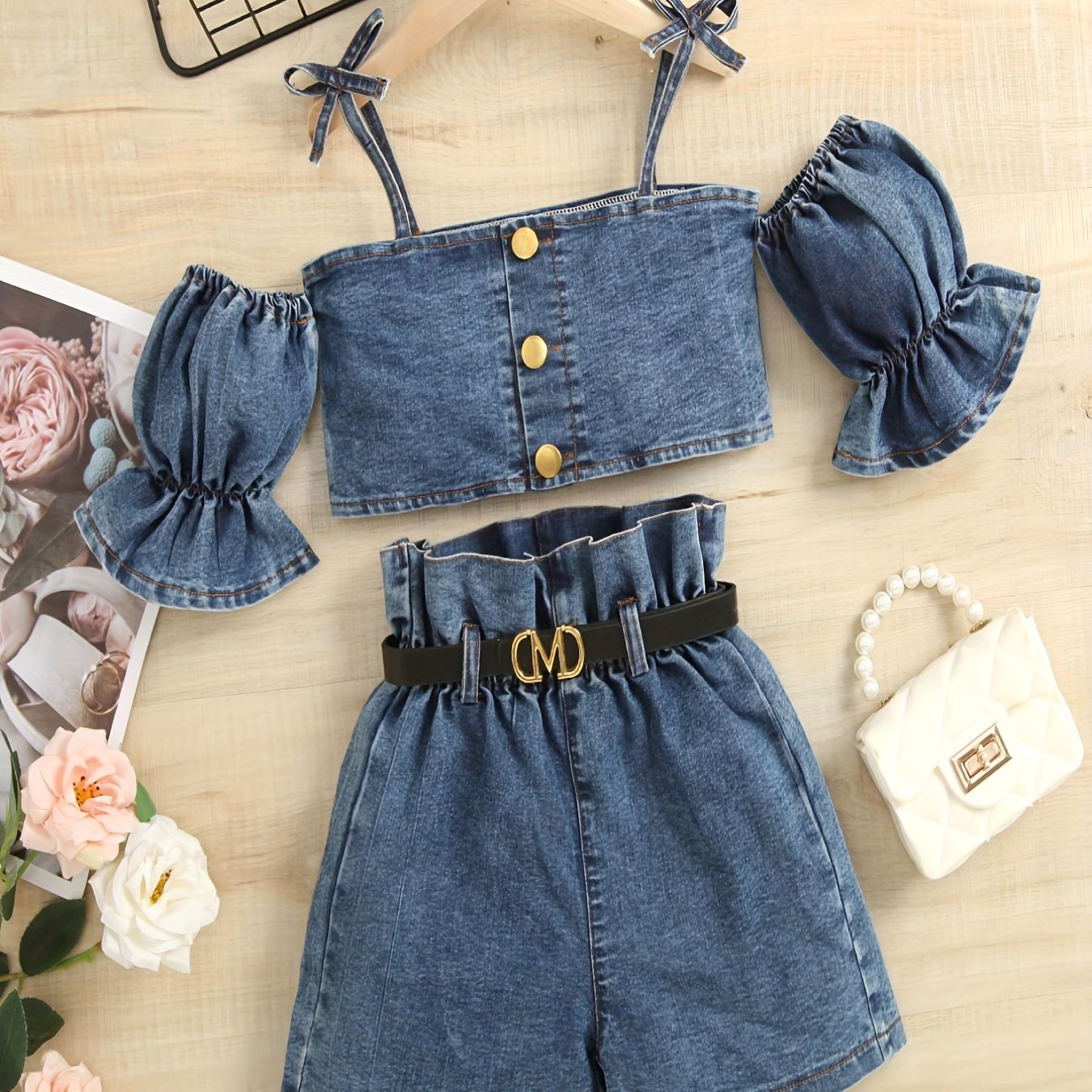 Image of Fashionable Girls' Outfit Featuring A Cute Bow Top With Shoulder Straps With Floral Denim Shorts And A Belt, For Outdoor