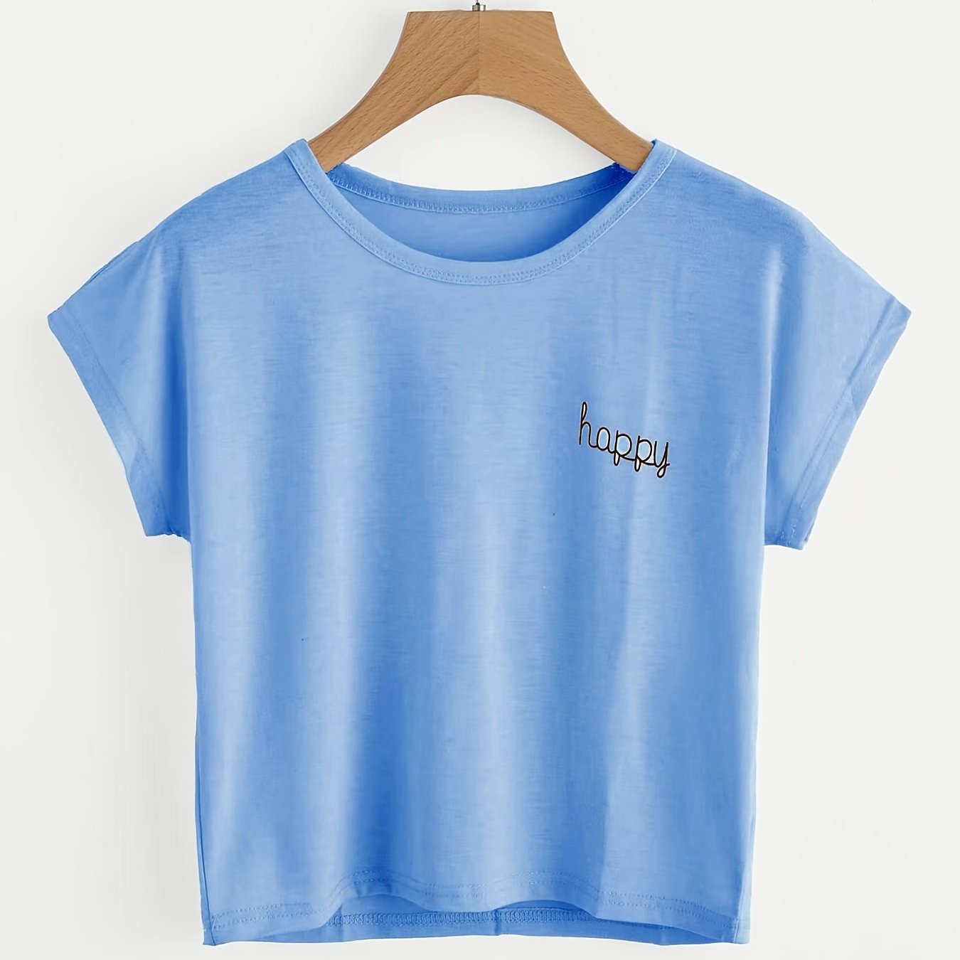 Happy Print Simple T Shirt Basic Crew Neck Short Sleeve Summer T Shirt ...