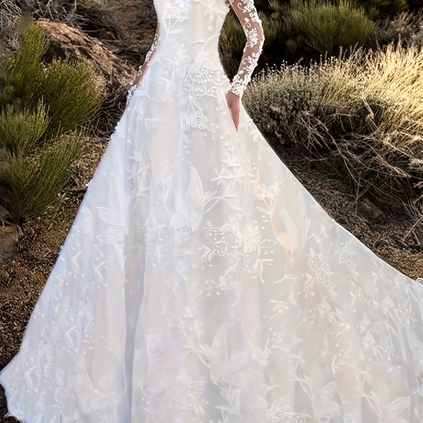 Lace Floor Length Wedding Dress Elegant V Neck Long Sleeve - Temu