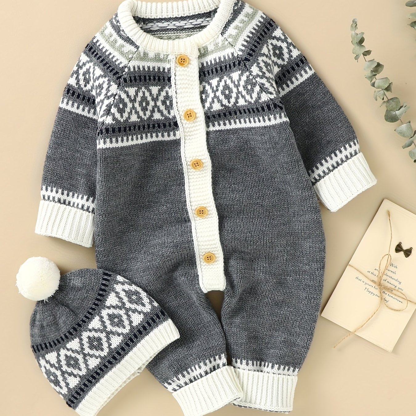 Image of Newborn Infant Geometric Pattern Sweater Romper Long Sleeve Button Jumpsuit & Hat For Toddler Baby Boys And Girls, Suitable For Indoor And Outdoor Wear, For Outdoor, Knit