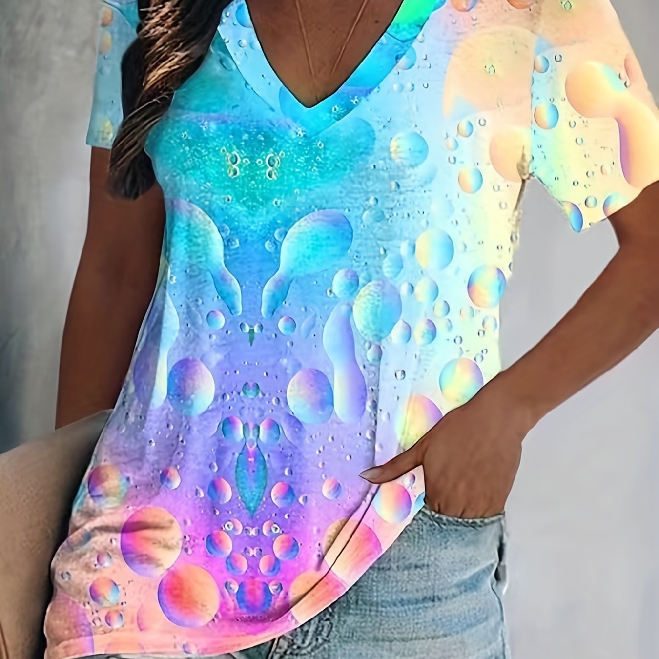E-shop Damen Tie-Dye V-Ausschnitt T-Shirt, lässiges Sommer-Strick-Polyester (95%) & Spandex (5%) Top, Länge, leichtes 180g/m²-Stoff, lebendiger