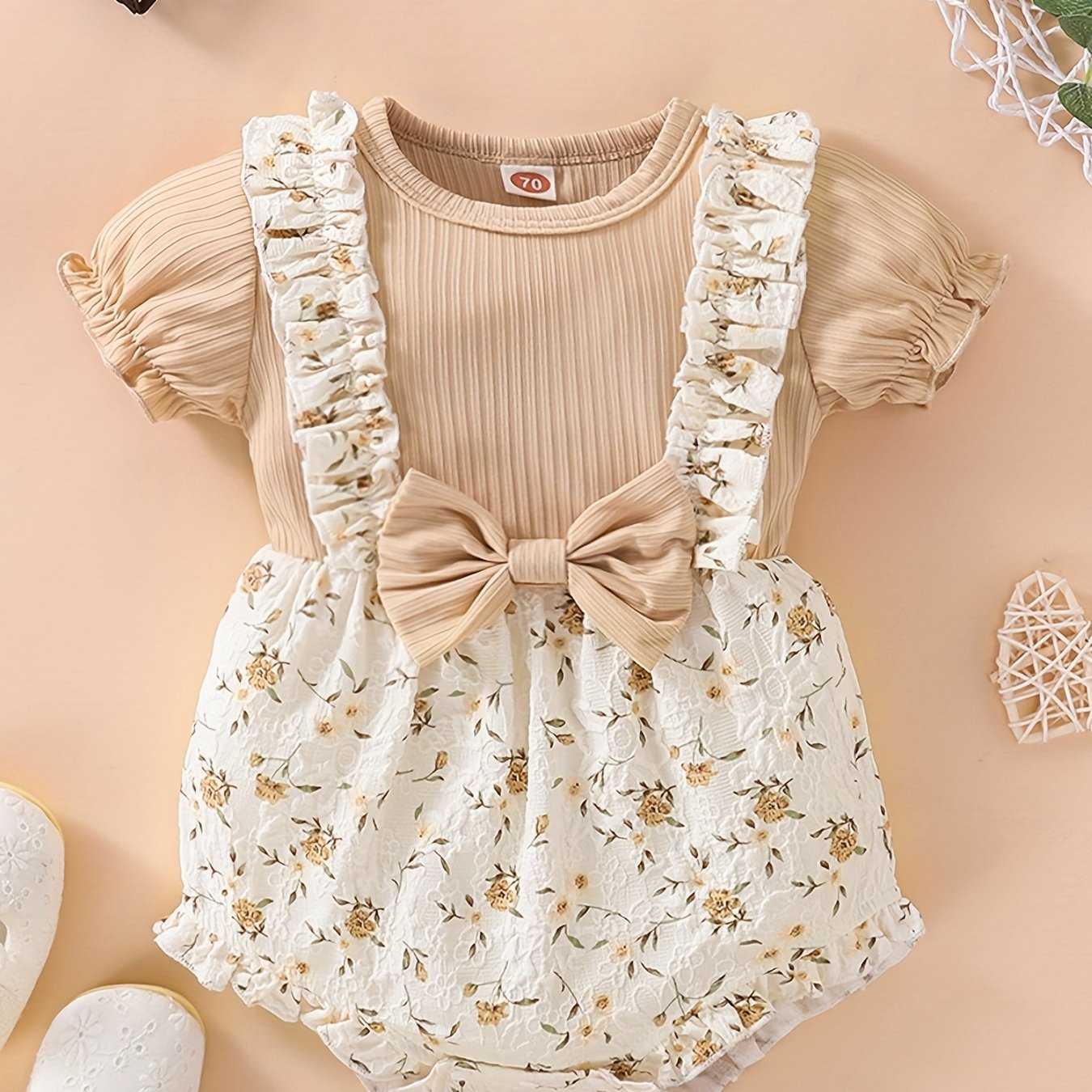 Image of New Korean Girl Summer Thin Short Sleeve Two-piece Jumpsuit With Front Bow Detail And Newborn Floral Print Romper, Perfect For Outdoor