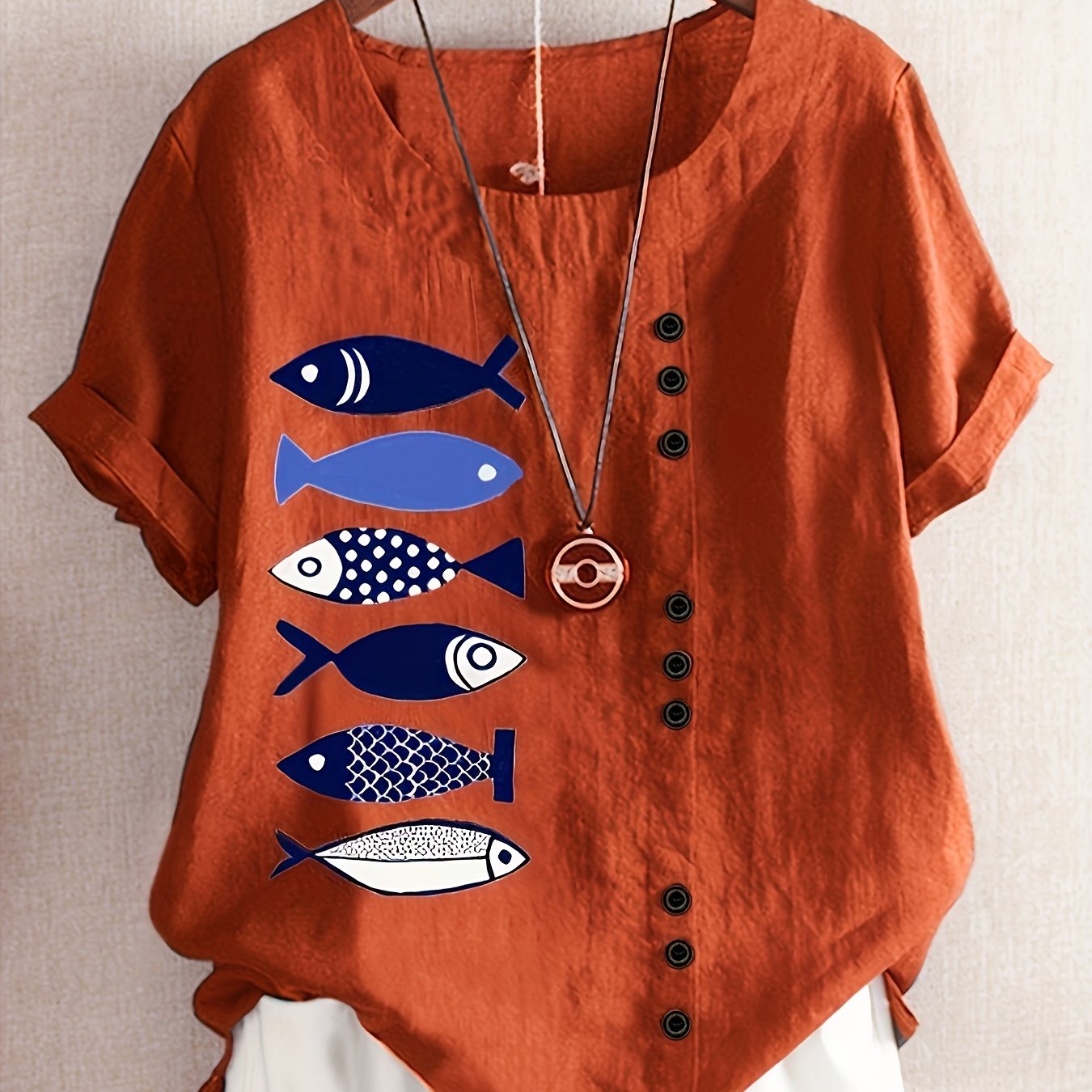 Cartoon Fish Print Short Sleeve T shirt Plus Size Women's - Temu