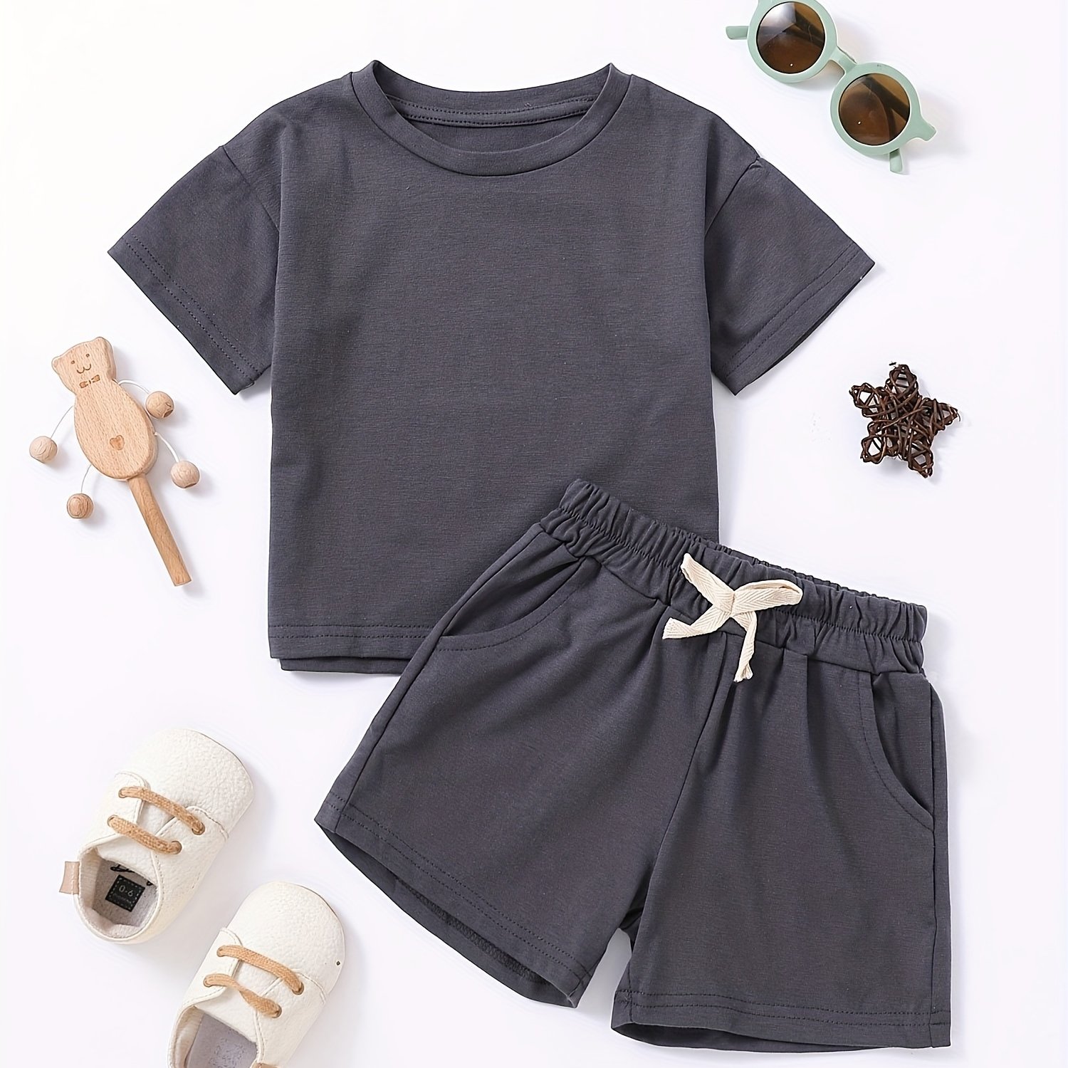 Image of 2pcs Casual T-shirts Round Neck Short Sleeve Tees Top & Elastic Waist Drawstring Shorts Set Summer Clothes For Daily & Outdoor Wear, For Outdoor, And Clothes