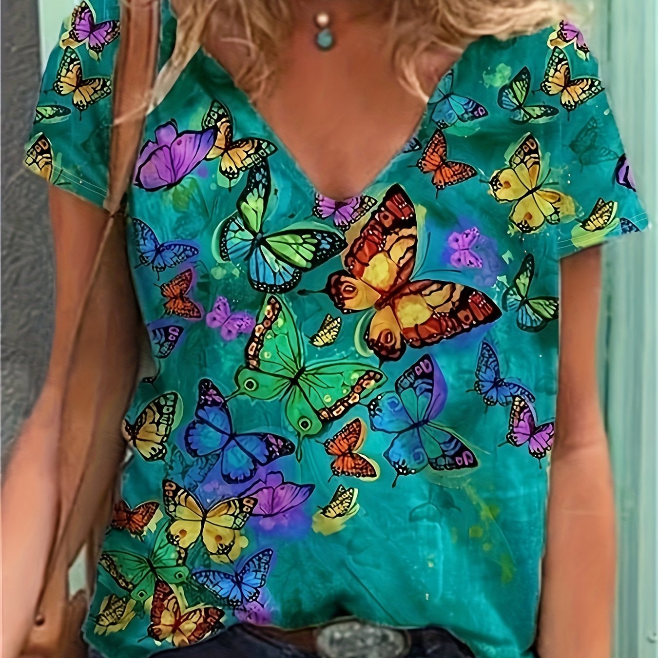 Plus Size Casual Top Women s Plus Butterfly Print V Neck Short Sleeve 