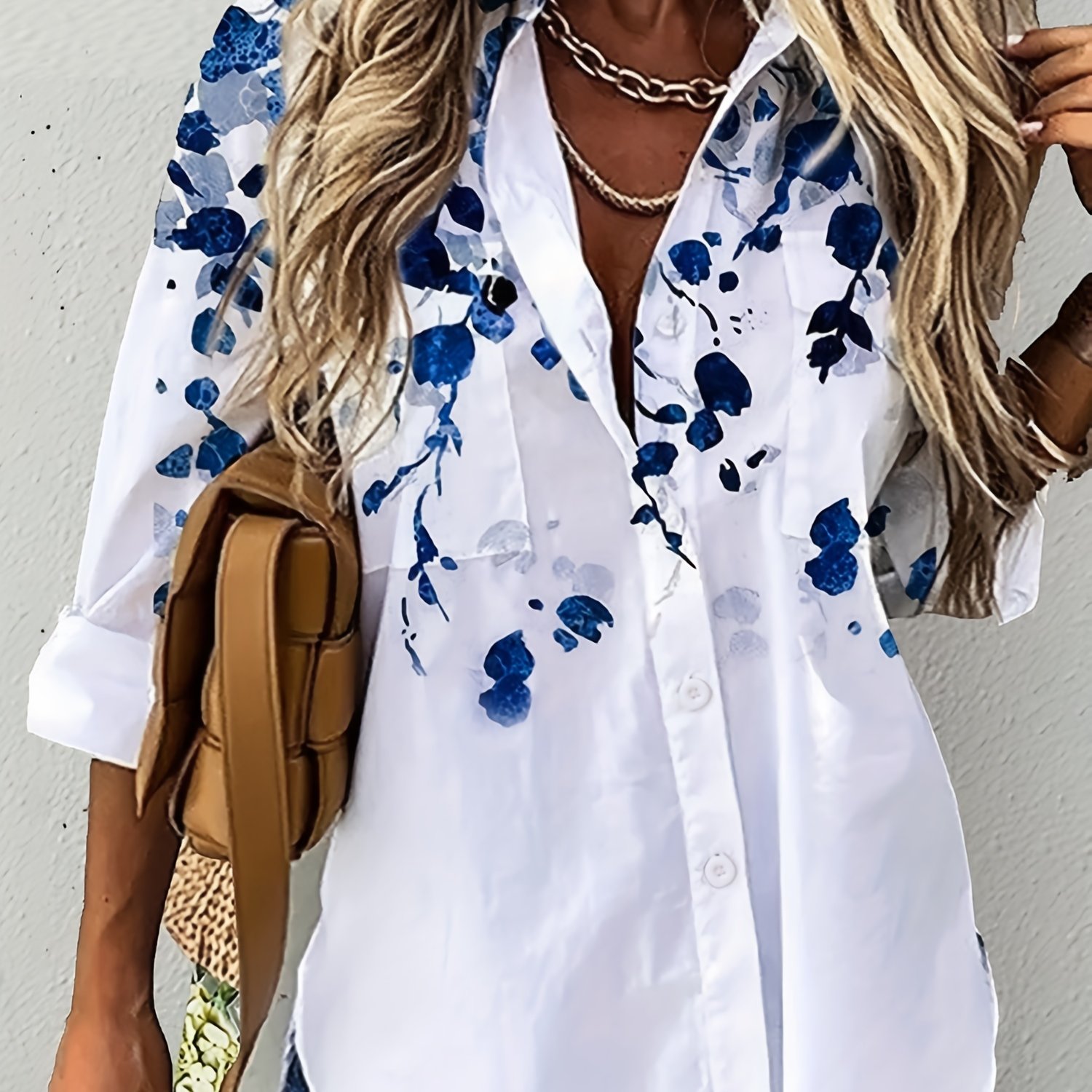 Plus Size Casual Blouse, Women's Plus Floral Print Button Up Long Sleeve Turn Down Collar Blouse
