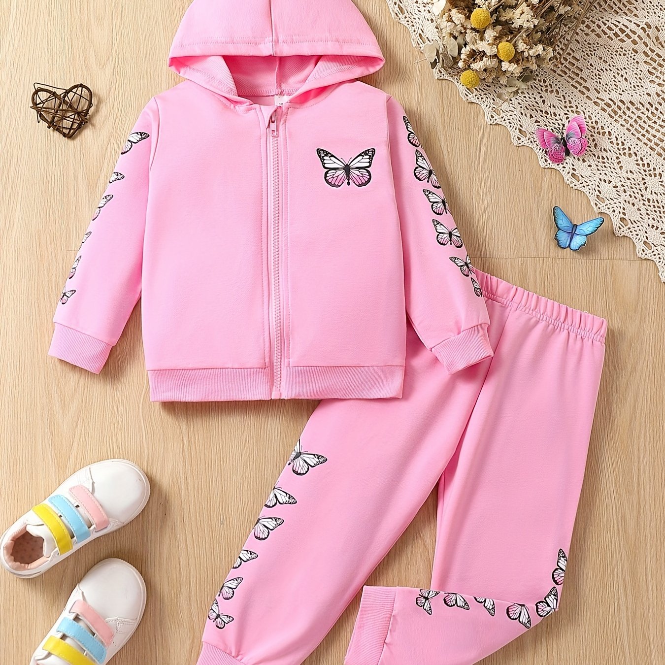 Image of Girls' 2-piece Set: Long-sleeve Zip-up Hoodie Top & Elastic Waist Athletic Pants With Print, Casual Children's Clothing For Spring And Autumn, Perfect For Outdoor