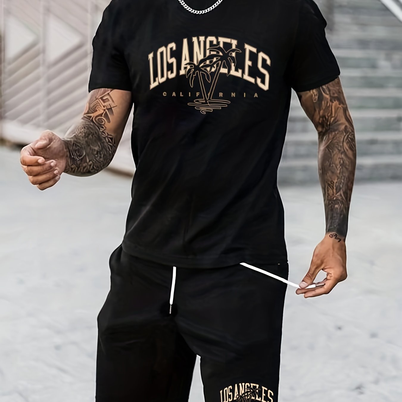 Estampado ''LOS ANGELES'', Conjunto De 2 Uds De Estilo Urbano Para Hombre,  Camiseta De Moda Y Conjunto De Pantalones Cortos Sueltos Con Cordón, Ropa