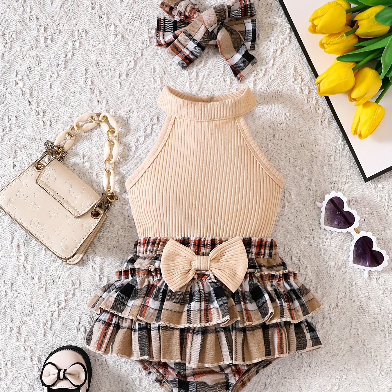 Image of Girls' Newborn Set With Headband | Newborn Baby Girl Bow- Romper Set, Baby Neckless Sleeveless Puffy Skirt With Headband 2pcs Set | Baby Girl Full Photo Retro Set, For Outdoor