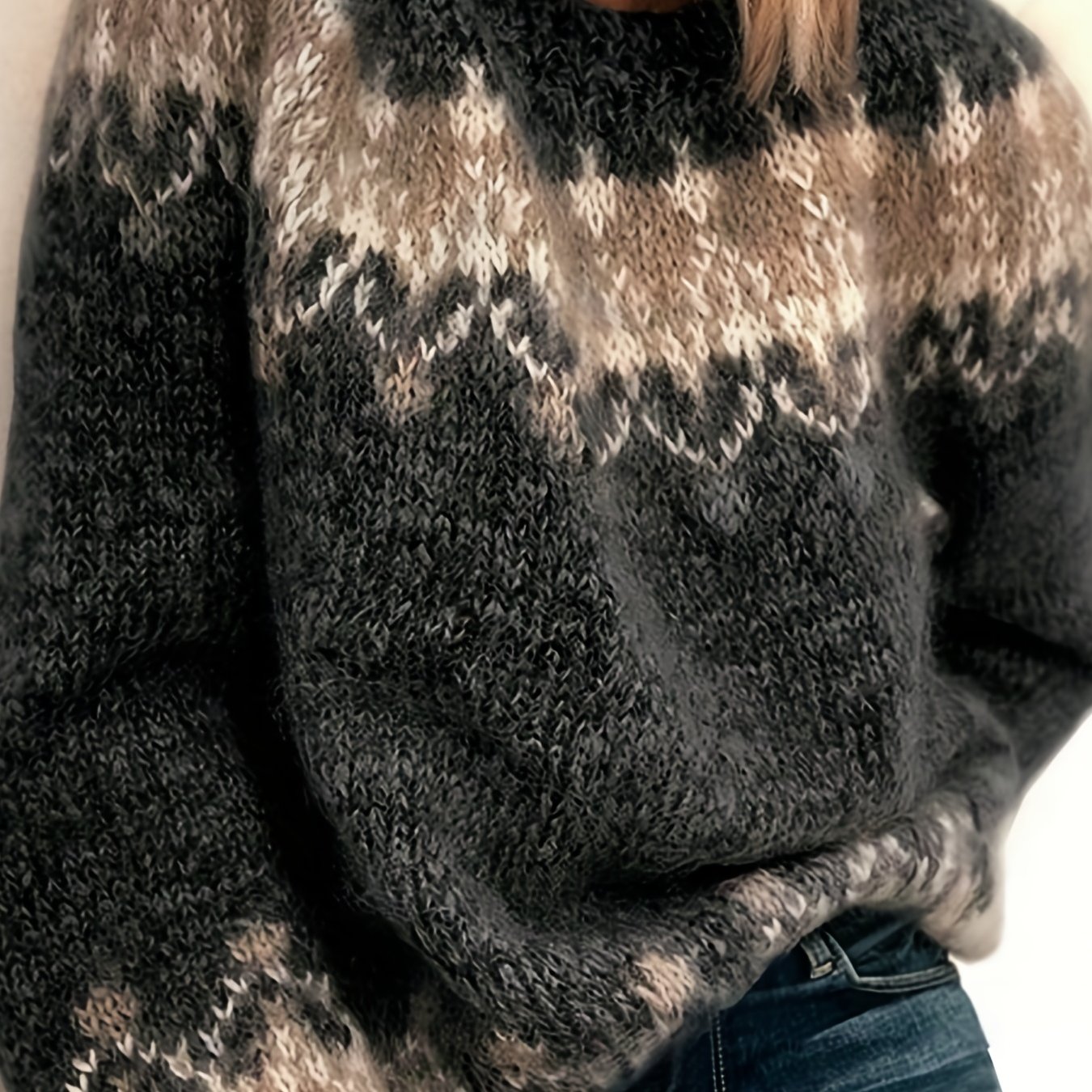 Color Block Mohair Chunky Knit Pullover Sweater, Casual Long