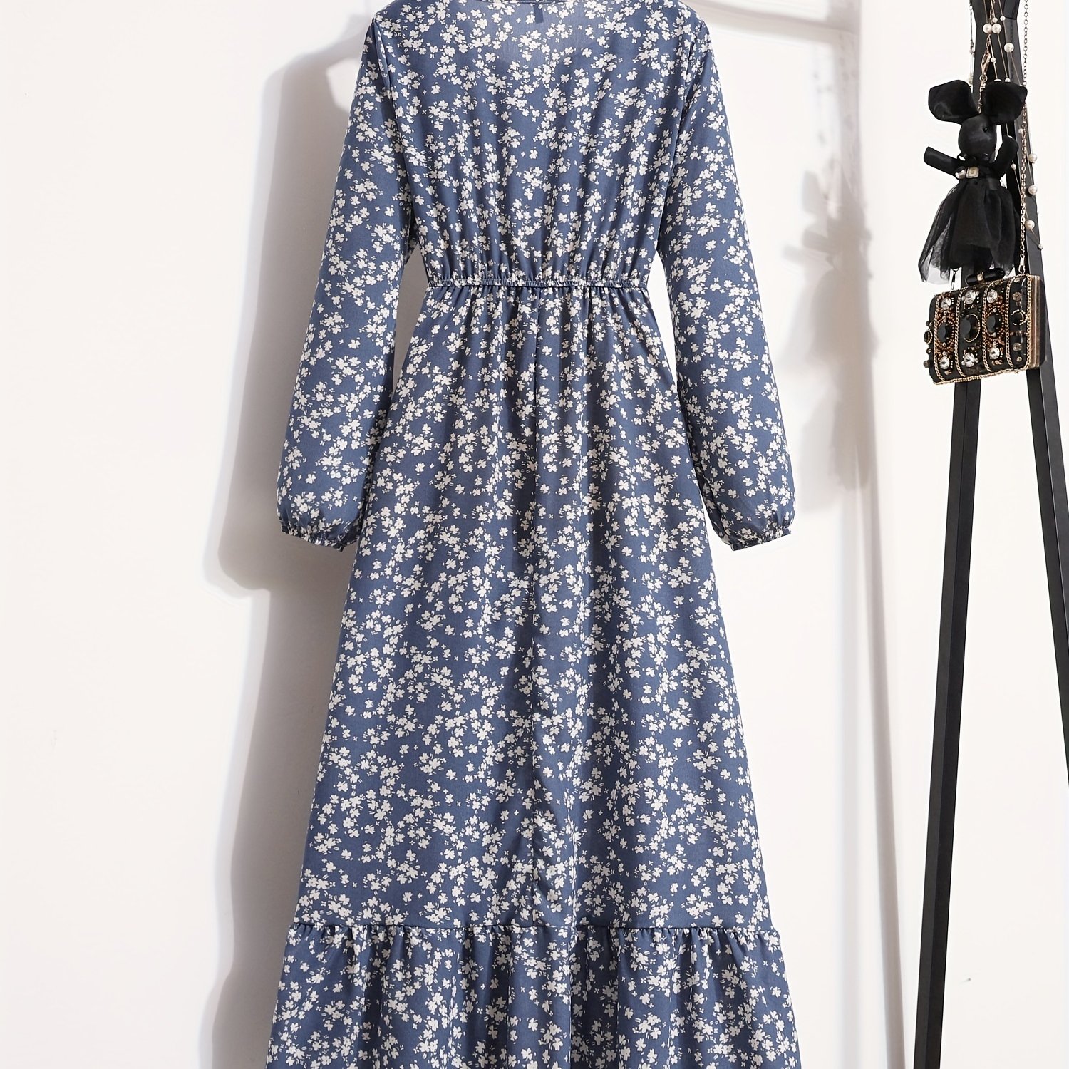 Floral Print Ruffle Hem Dress, Casual Long Sleeve Elastic Waist Dress For Spring & Fall, Women's Clothing
