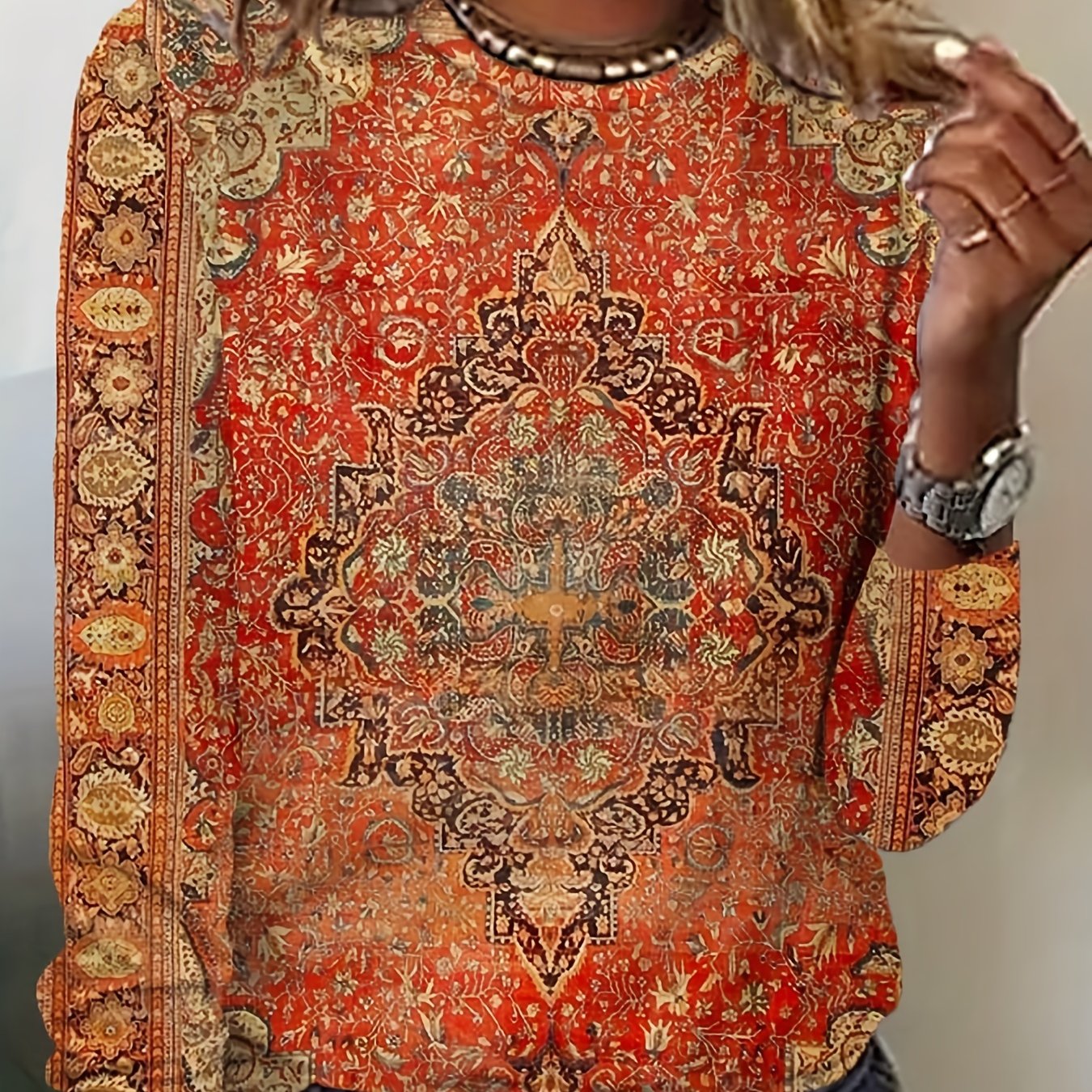 Image of Plus Size - Plus Size - New Summer Cross-border T-shirt European And American Series Digital Printing Women's Long-sleeved T-shirt Top