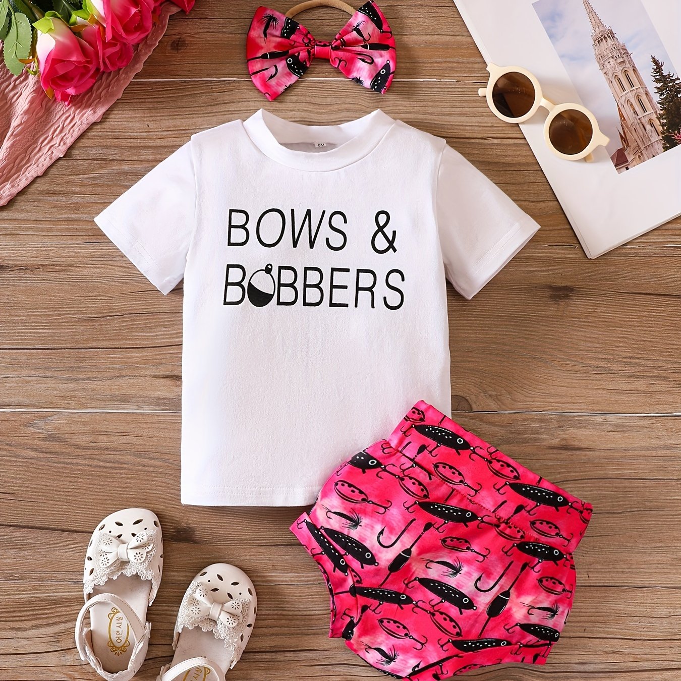 Toddler Baby Girls BOWS & BOBBERS Print T-shirt & Fishing Lure Bait  Shorts & Bow Hair Accessories Set Baby Clothes Outfit