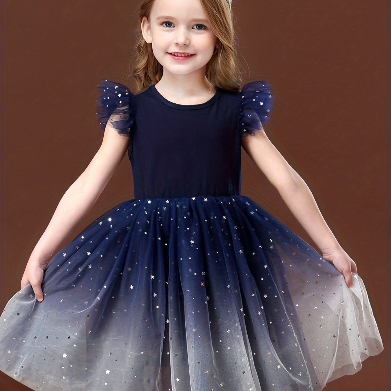 Image of Girls Sequin Stars & Gradient Dress, Birthday Girl Party Tutu Dress, Kids Performance Show Dress Up Clothes