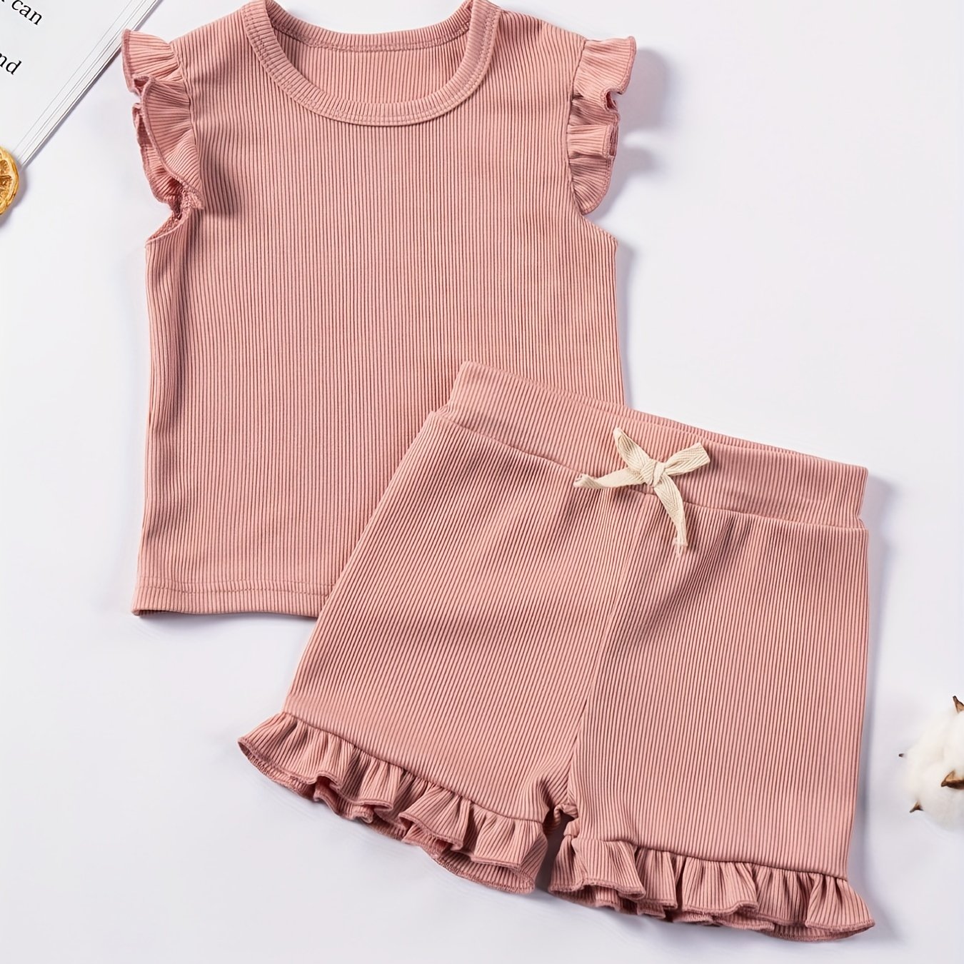 Cute Summer Outfit Set For Girls In 2023, Featuring A Sleeveless Ruffle Top And Shorts, Suitable For Kids -5 Years, For Outdoor