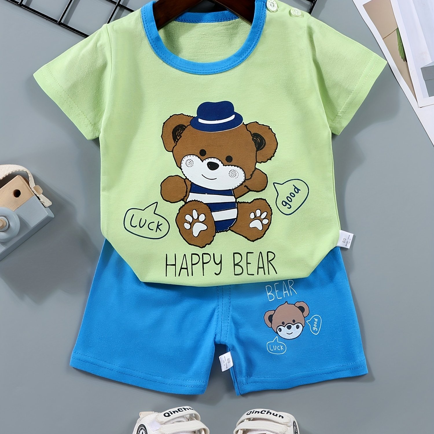 Image of Old Children's Short Sleeve Set Pure Boys' T-shirt Summer Children's Wear Lightweight Cool Comfortable -friendly 100% Striped Dinosaur Pattern, For Outdoor
