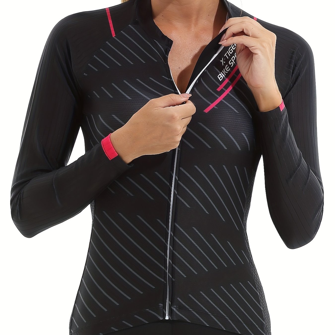 TEMU Women's Quick-dry Cycling Jersey - Long Sleeve, Full-zip, Stretchy, With White Accents, Ideal For Mountain Biking & Outdoor Activities