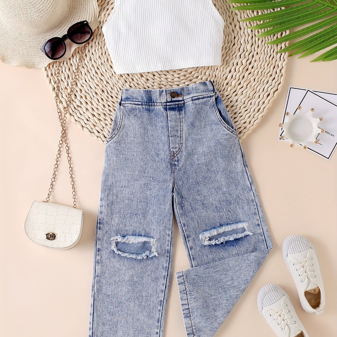 Image of European And Girls' Vest, High-neck Cropped Top, Ripped Long-whiskered Trousers, Fashionable Casual Set, Perfect For Outdoor