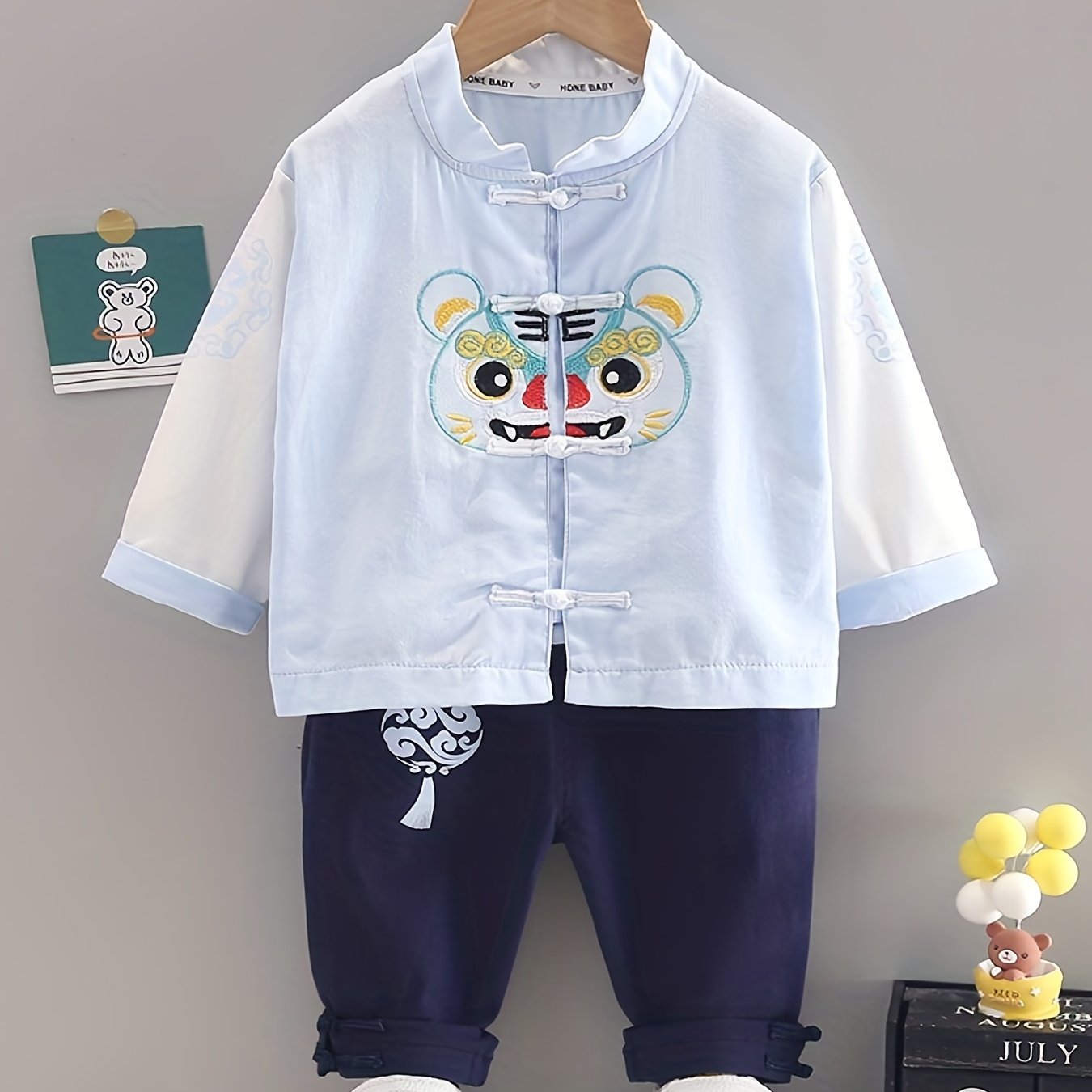 Boys Clothes Set Tiger Embroidery Graphic Mandarin Collar Shirt