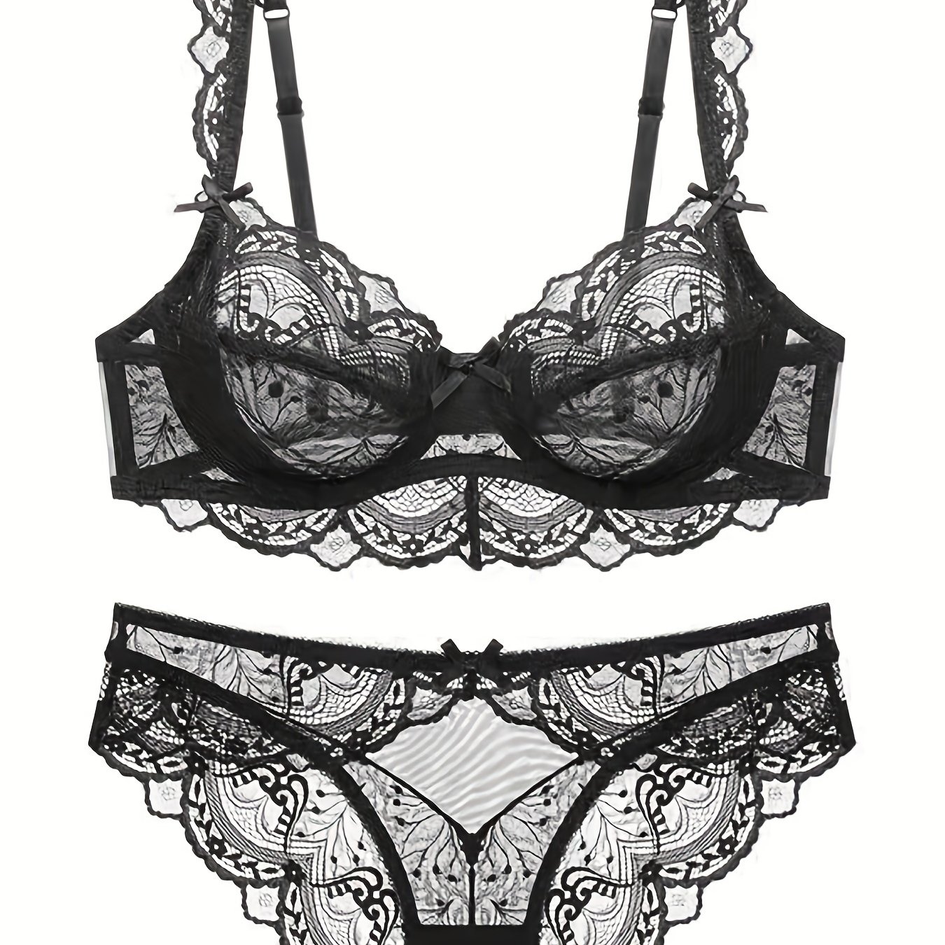 Image of Lace Floral Mesh Lace Sexy Breathable Thin Cup No Pad Bra And Briefs Set For Women | Mid Rise Waistline, Medium Support, Mature Style