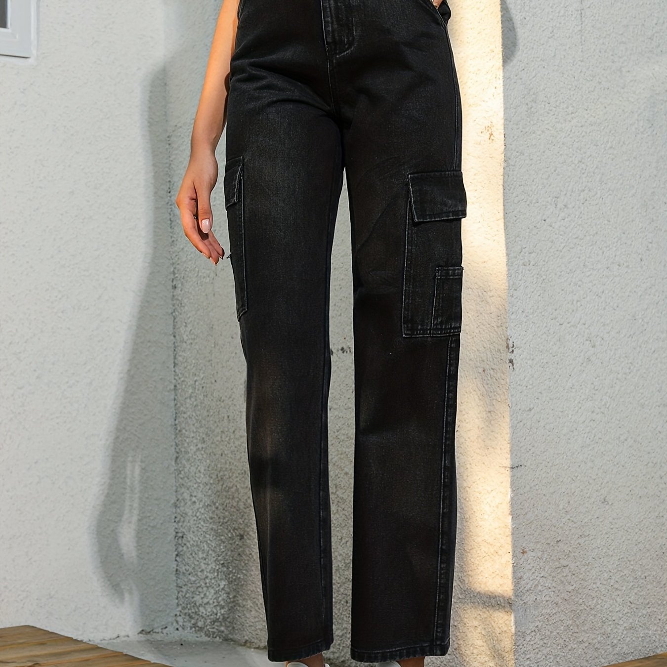 Black Flap Pockets Straight Jeans Loose Fit Non stretch High - Temu Greece