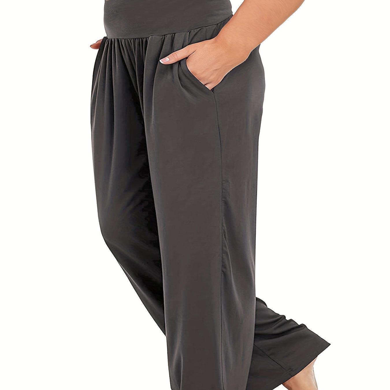 Plus Size Casual Pants Women's Plus Solid Wideband Waist - Temu Canada